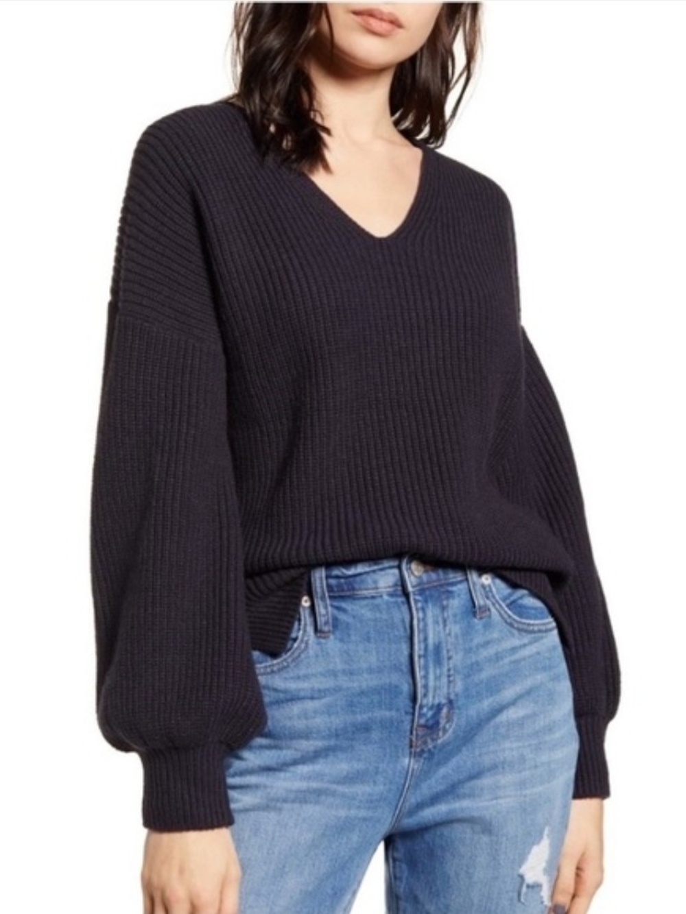 Madewell Thornton Balloon Sleeve Ribbed Sweater In Navy